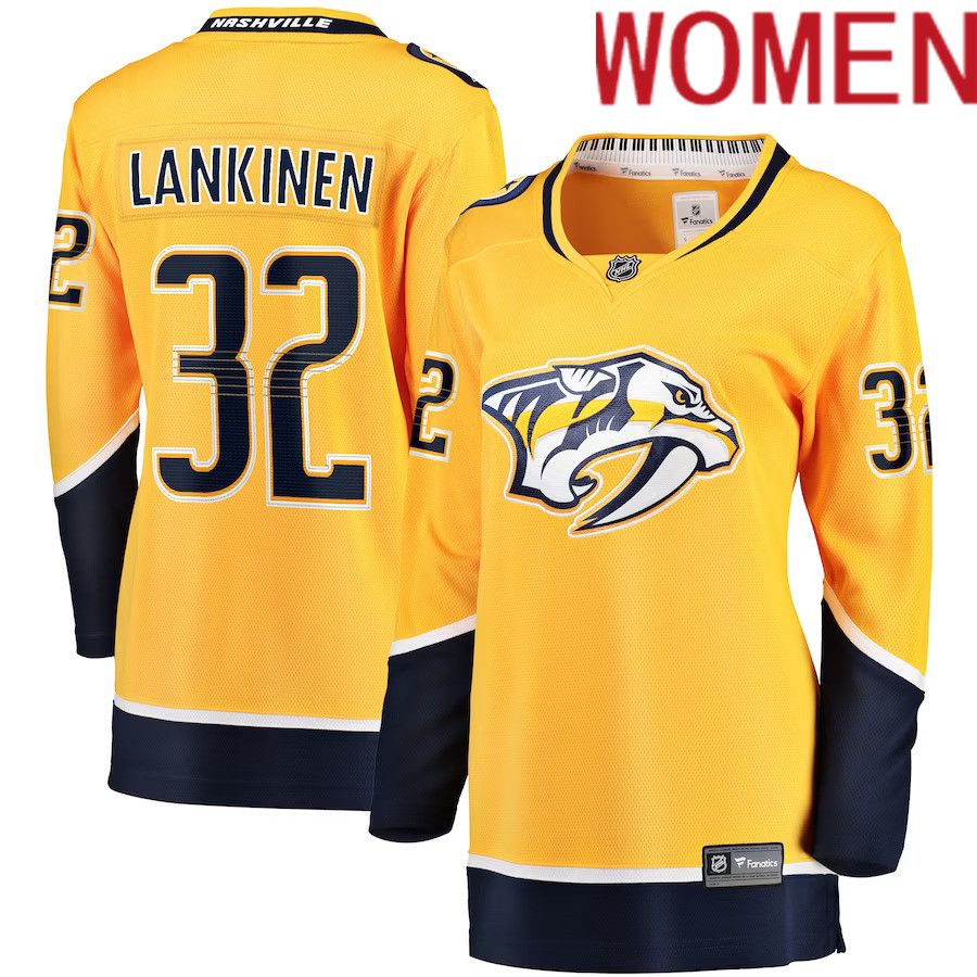 Women Nashville Predators 32 Kevin Lankinen Fanatics Branded Gold Home Breakaway Player NHL Jersey